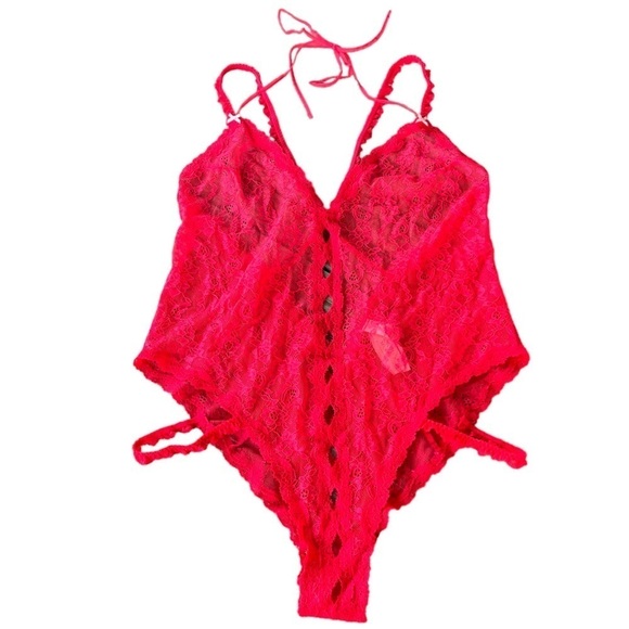 Victoria’s Secret Red Lace Teddy Peek-A-Boo Sheer Deep V Halter Large NWT 2014 - Picture 7 of 15